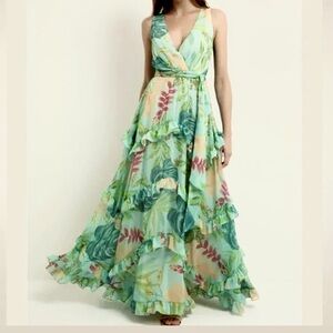 PatBO Tropicalia V-Neck Ruffle Maxi Dress 6 in Island Blue